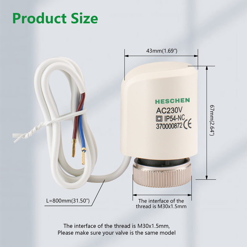 Heschen Electric Thermal Actuator WG37, 2 Wire Normaly Closed AC230V M30x1.5 for Underfloor Heating Manifolds