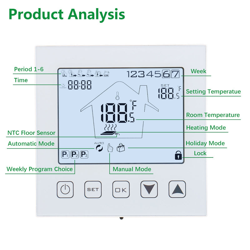 Heschen Home Thermostat Programmable WG603W,AC90-240V Max3A TFloor Heating