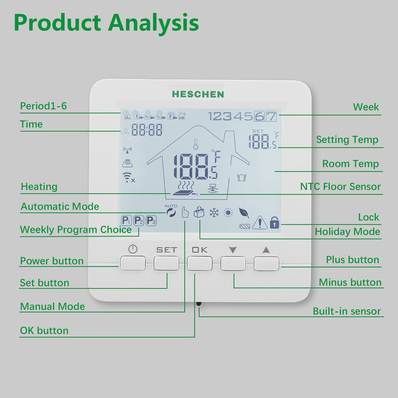 Heschen Heating Thermostats WG02B05,7-day Programmable 3A Radiant Floor Heating