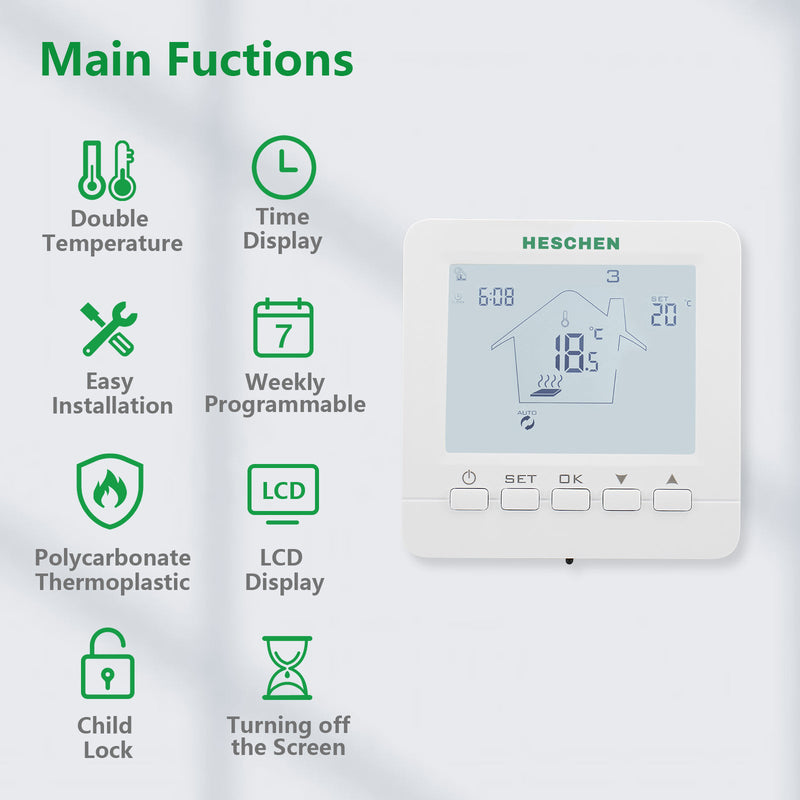 Heschen Heating Thermostats WG02B05,7-day Programmable 3A Radiant Floor Heating