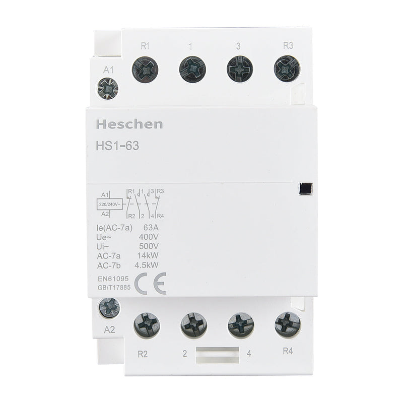 Heschen Household AC Contactor HS1-63 Ie 63A 4 Pole 2NO 2NC Open 220V Coil Voltage 35 mm DIN Rail Mount