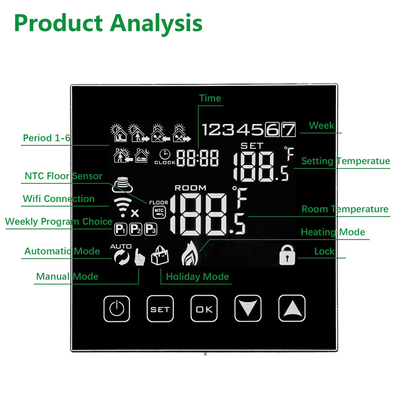 Heschen Thermostat Programmable WG603B,3A Floor Heating Black