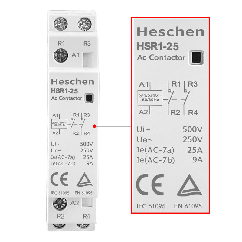 Household AC Contactor HSR1-25 2 Pole Two Normally Closed 220V/230V Coil Voltage 35 mm DIN Rail Mount
