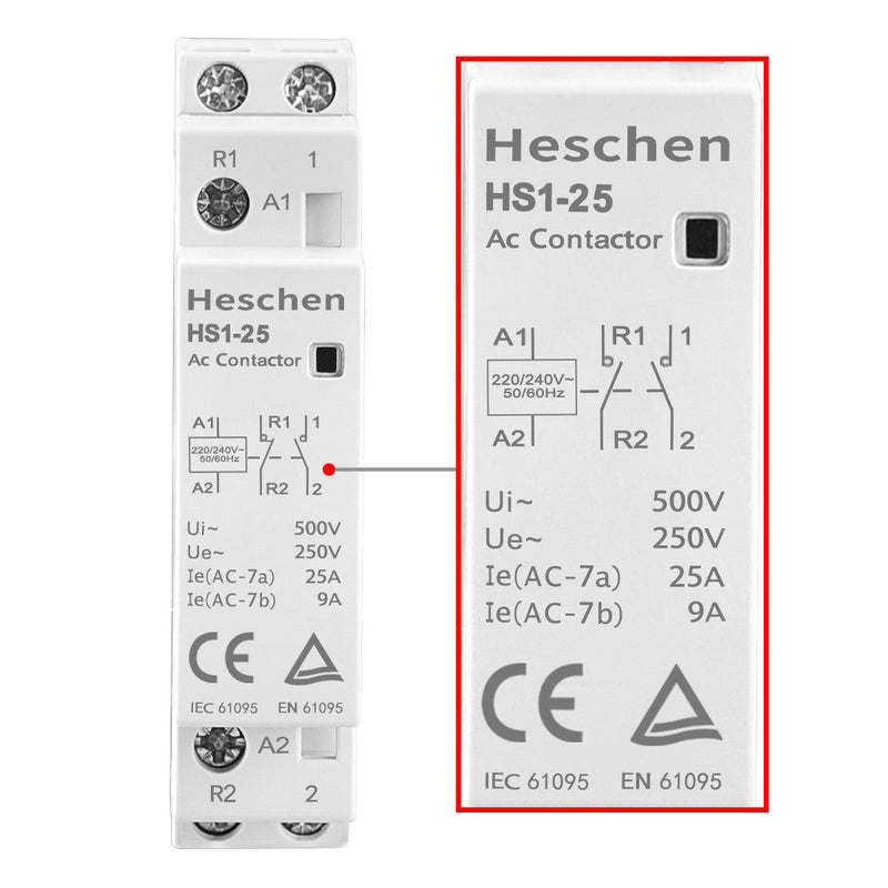 Household AC Contactor HS1-25 2 Pole 1NO 1NC 220V/230V Coil Voltage 35 mm DIN Rail Mount
