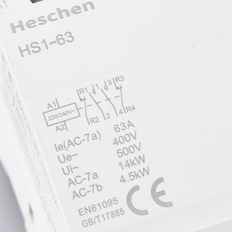 Heschen Household AC Contactor HS1-63 Ie 63A 4 Pole 2NO 2NC Open 220V Coil Voltage 35 mm DIN Rail Mount