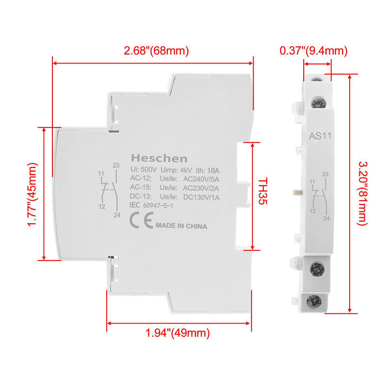 Heschen Auxiliary Contact for AC Contactors AS11/AS02/AS20 1NO+1NC/2NC/2NO 500V 50/60Hz Side Mounted