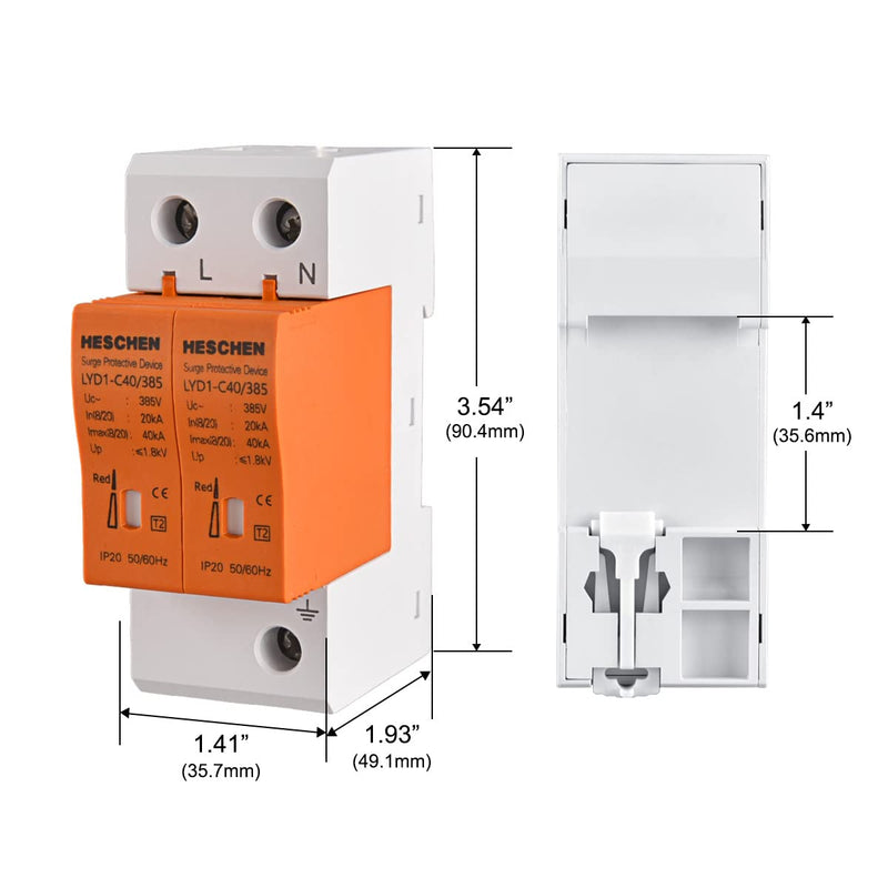 Heschen Surge Protective Device, LYD1-C40/385, 2P 385V 20KA, Fire-Proof, Low-Voltage Arrester, 35mm DIN Rail Mounting