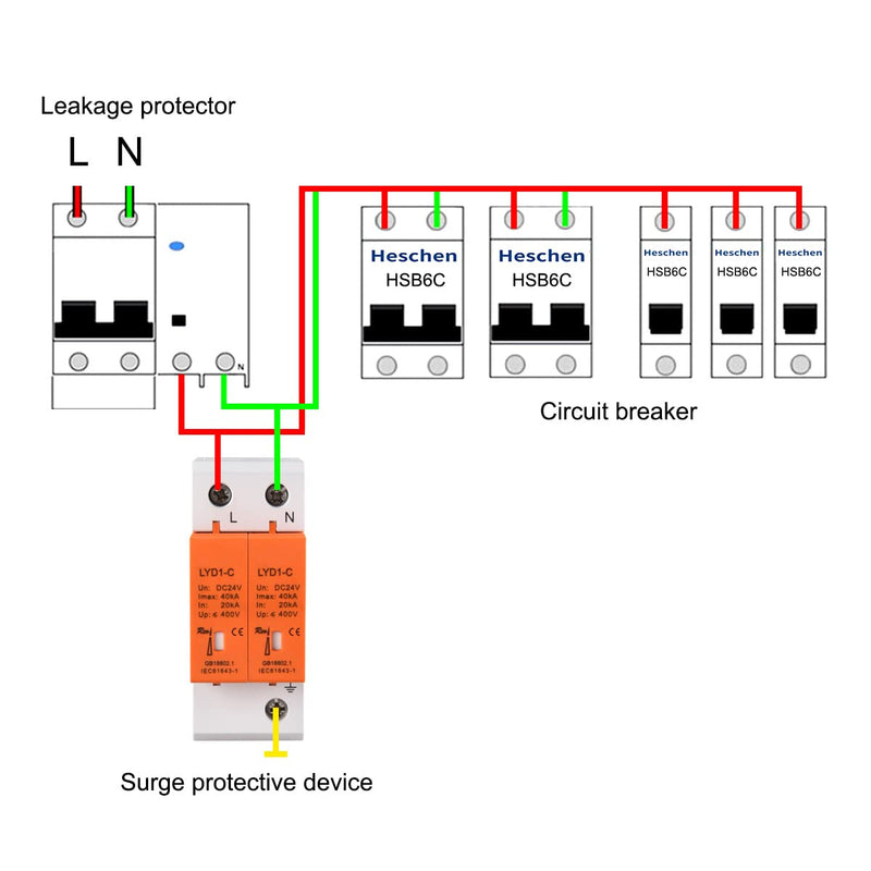 Heschen DC Surge Protective Device, LYD1-C, 2P DC24V 20KA, Fire-Proof, Low-Voltage Arrester, 35mm DIN Rail Mounting