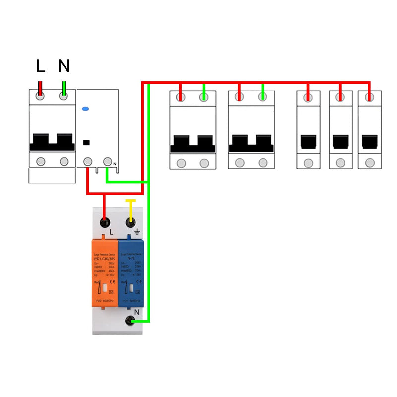 Heschen Surge Protective Device, N-PE, LYD1-C40/385, 2P 20KA, Fire-Proof, Low-Voltage Arrester, 35mm DIN Rail Mounting