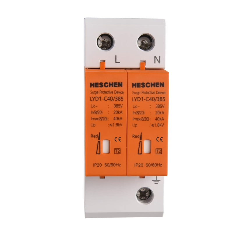 Heschen Surge Protective Device, LYD1-C40/385, 2P 385V 20KA, Fire-Proof, Low-Voltage Arrester, 35mm DIN Rail Mounting