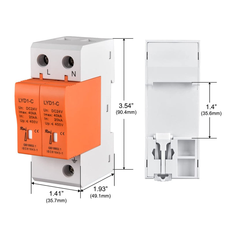 Heschen DC Surge Protective Device, LYD1-C, 2P DC24V 20KA, Fire-Proof, Low-Voltage Arrester, 35mm DIN Rail Mounting