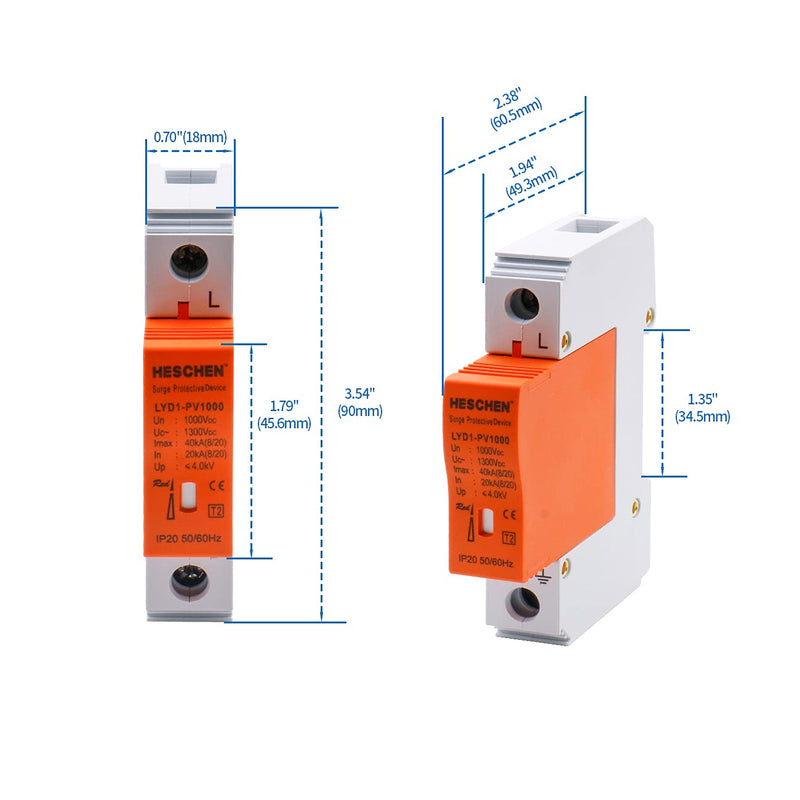 Heschen Surge Protective Device for PV, LYD1-PV1000, 1P 1000VDC 20KA, Fire-Proof, 35mm DIN Rail Mounting