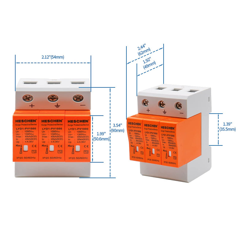 Heschen Surge Protective Device for PV, LYD1-PV1000, 3P 1000VDC 20KA, Fire-Proof, 35mm DIN Rail Mounting
