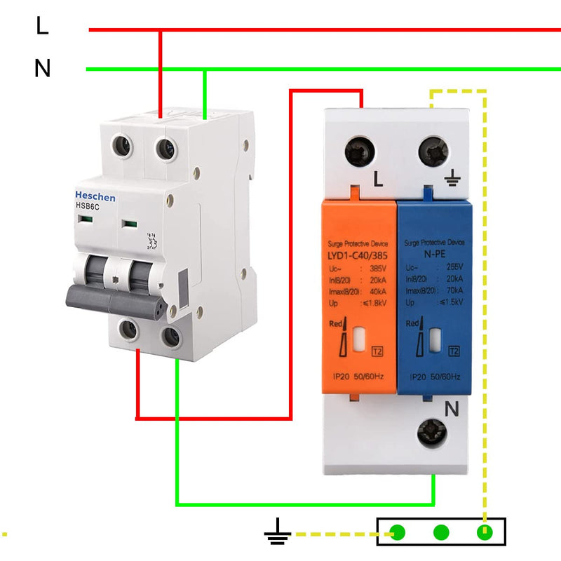 Heschen Surge Protective Device, N-PE, LYD1-C40/385, 2P 20KA, Fire-Proof, Low-Voltage Arrester, 35mm DIN Rail Mounting