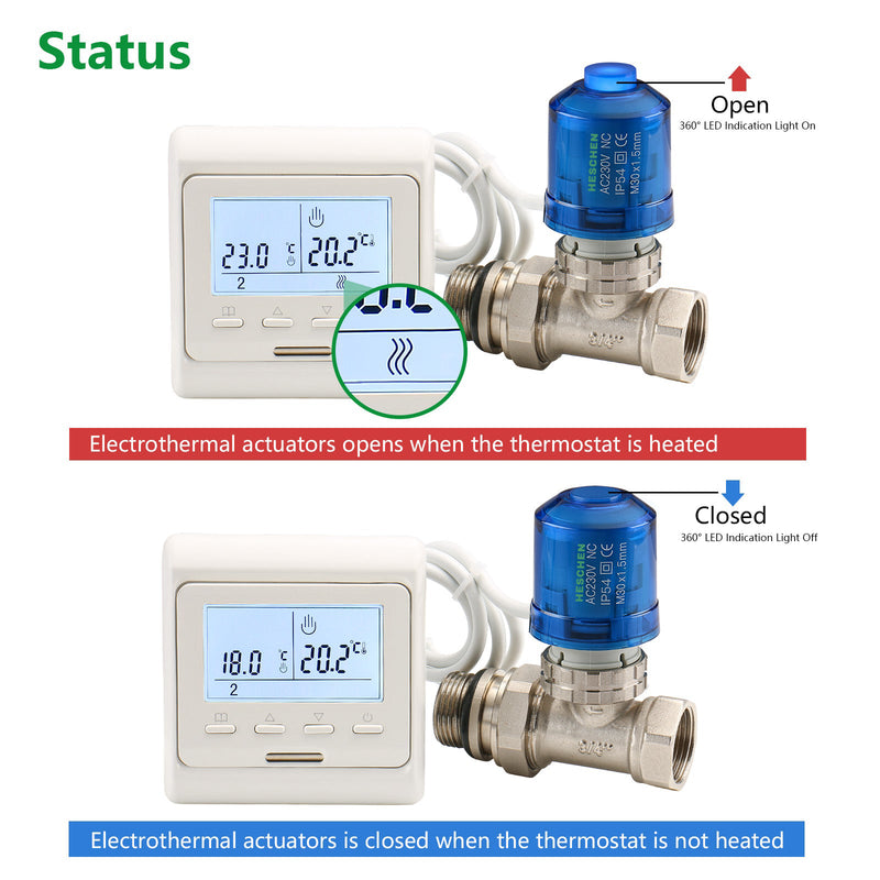 Heschen Thermal Actuator WG02,100Pack AC230V Valve on and off status with 360 degree LED Indication Normaly Closed for Underfloor Heating Blue