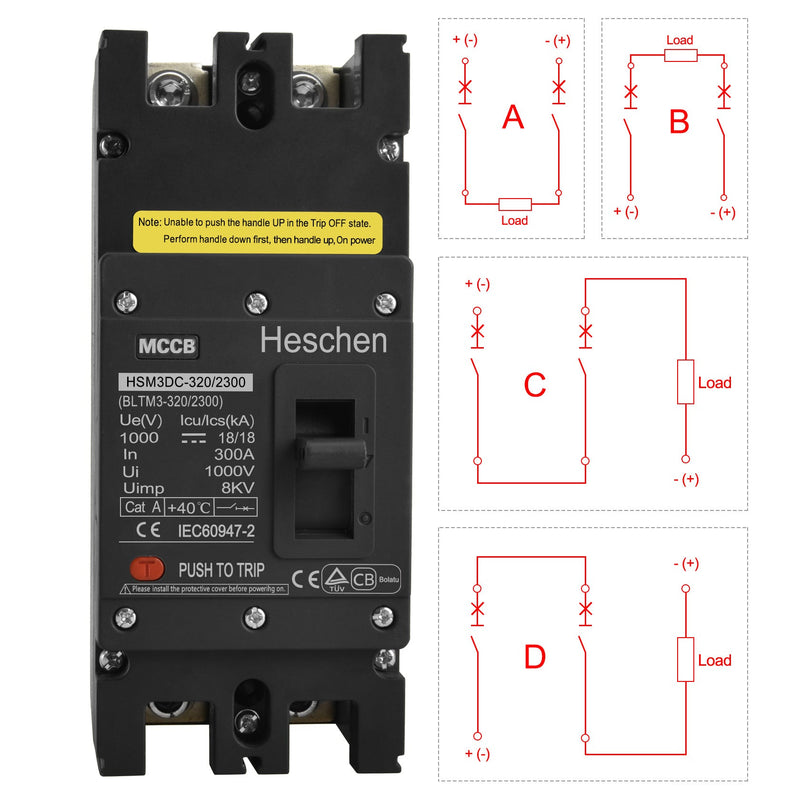 Heschen DC Molded Case Circuit Breaker MCCB, HSM3DC-320, 2 Poles, DC1000V 280A/300A/315A/320A, Photovoltaic Circuit Breaker, for Solar PV System Solar Panels Grid System