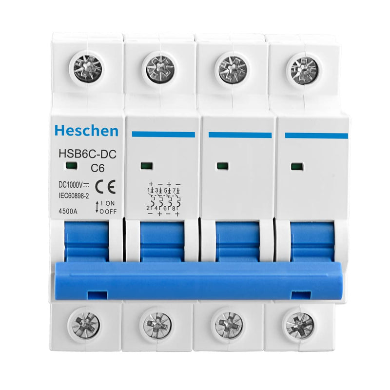 Heschen DC Miniature Circuit Breaker, HSB6C-DC, 4 Poles, DC1000V 6A/10A/16A/20A/25A/32A/40A/50A/63A/80A/100A/125A, Photovoltaic Circuit Breaker, for Solar PV System Solar Panels Grid System, 35mm DIN Rail Mounting
