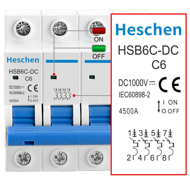 Heschen DC Miniature Circuit Breaker, HSB6C-DC, 4 Poles, DC1000V 6A/10A/16A/20A/25A/32A/40A/50A/63A/80A/100A/125A, Photovoltaic Circuit Breaker, for Solar PV System Solar Panels Grid System, 35mm DIN Rail Mounting