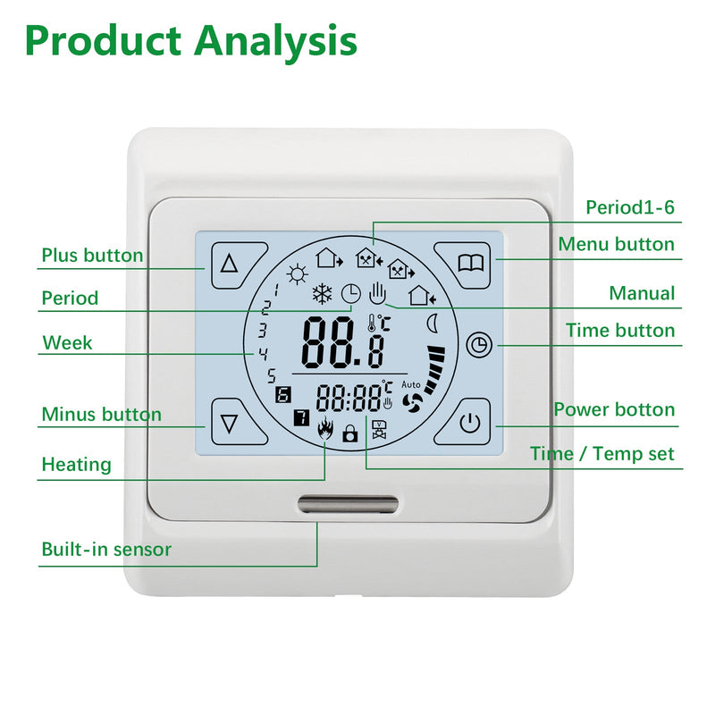 Heschen Programmable Thermostat WG809, 100Pack 3A, Touch Button, LCD display, Suitable for Water Heating System,White