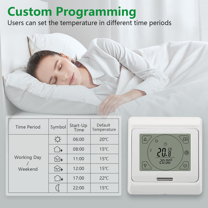 Heschen Room Thermostat WG809, LCD Digital Display, Touch Buttons, Weekly Programming,16A,Suitable for Electric Heating Equipment, with 3m external probe,White
