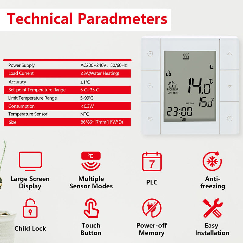 Heschen Room Thermostat WG352,AC230V Glass Touch Screen,3A