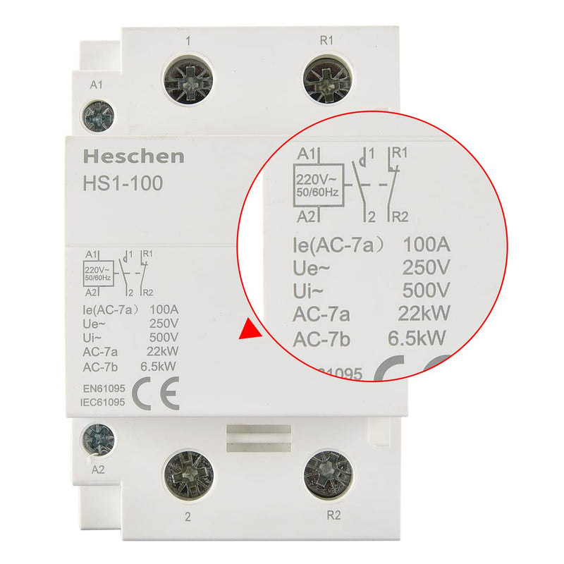 Heschen Household AC Contactor, HS1-100, Ie 100A, 2 Pole 1NO 1NC, AC 220/240V Coil Voltage, 35mm DIN Rail Mount