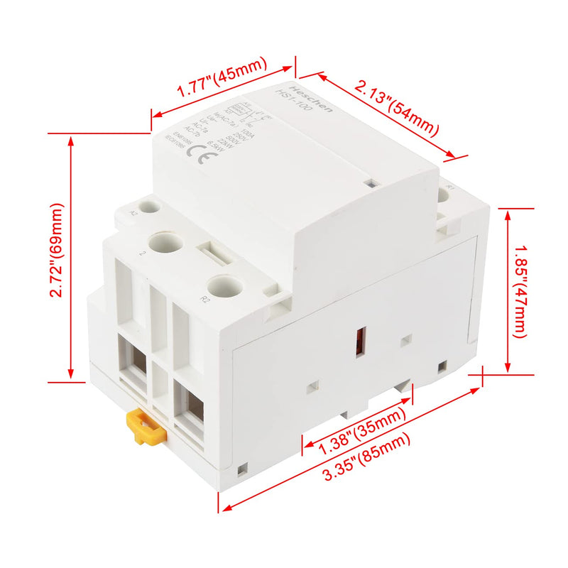 Heschen Household AC Contactor, HS1-100, Ie 100A, 2 Pole 1NO 1NC, AC 220/240V Coil Voltage, 35mm DIN Rail Mount