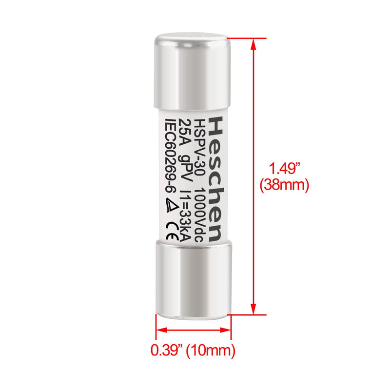 Solar DC1000V PV Fuse, Photovoltaic Fuses, gPV Type Fuse Link, HSPV-30, 10 * 38mm, 1000VDC, I1 33kA, for Solar PV System Protection, 10PCS