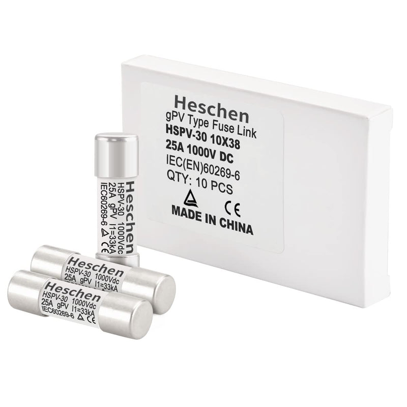 Solar DC1000V PV Fuse, Photovoltaic Fuses, gPV Type Fuse Link, HSPV-30, 10 * 38mm, 1000VDC, I1 33kA, for Solar PV System Protection, 10PCS