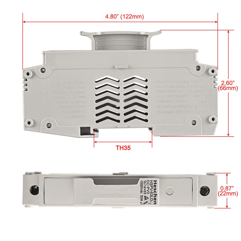 Solar/Photovoltaic Fuse Holder, PV Fuse Holder, HSPV-63LD, DC1500V 50A, 1 Pole, 35mm DIN Rail Mounting, for HSPV-32L HSPV-63L 10/14 * 85mm Fuse, CE Listed