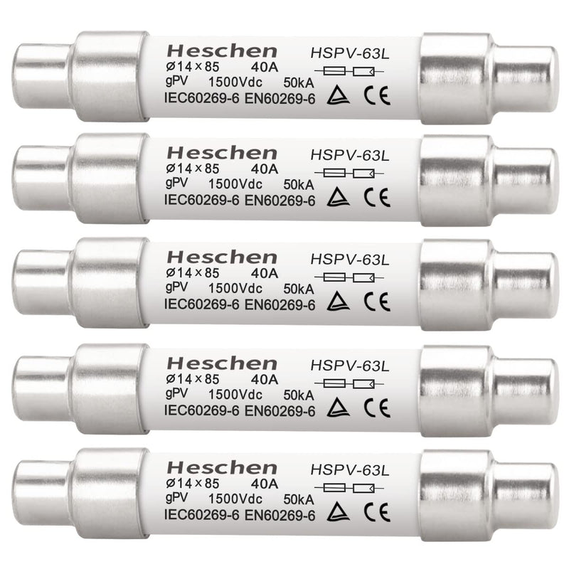Solar DC1500V PV Fuse, Photovoltaic Fuses, gPV Type Fuse Link, HSPV-63L, 14 * 85mm, 1500VDC, I1 50kA, for Solar PV System Protection, 5PCS