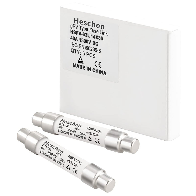 Solar DC1500V PV Fuse, Photovoltaic Fuses, gPV Type Fuse Link, HSPV-63L, 14 * 85mm, 1500VDC, I1 50kA, for Solar PV System Protection, 5PCS