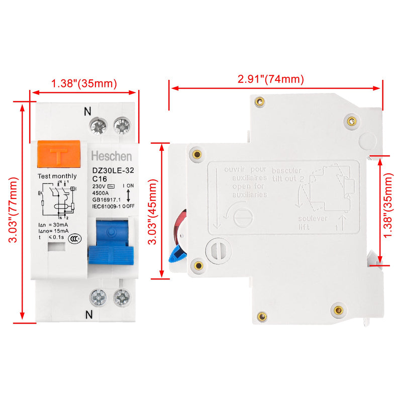 Heschen ELCB Circuit Breaker DZ30LE-32 C16 1 Pole Normally Open 230V AC Coil Voltage 16A 35 mm DIN Rail Mount