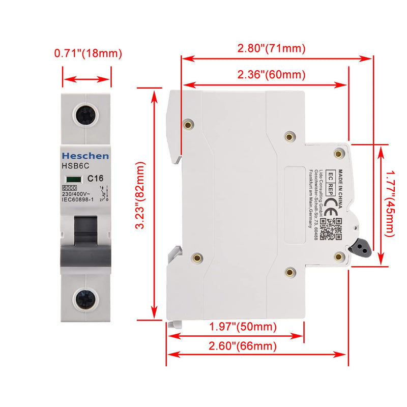 Heschen Miniature Circuit Breaker HSB6C, 16 Amp Current, 1 Pole, Type C, 6kA Breaking Capacity, DIN Rail Mounting