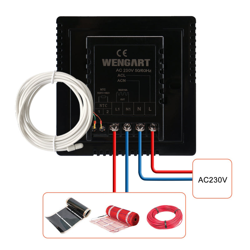 Heschen Room thermostat WG808, 16A, Suitable for Electric Heating Equipment, with 3m External Sensor, Touch Button, Easy to Operate, Black