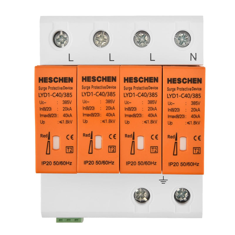 Heschen Surge Protective Device with Remote Communication, LYD1-C40/385, 4P 385V 20KA, Fire-Proof, Low-Voltage Arrester, 35mm DIN Rail Mounting