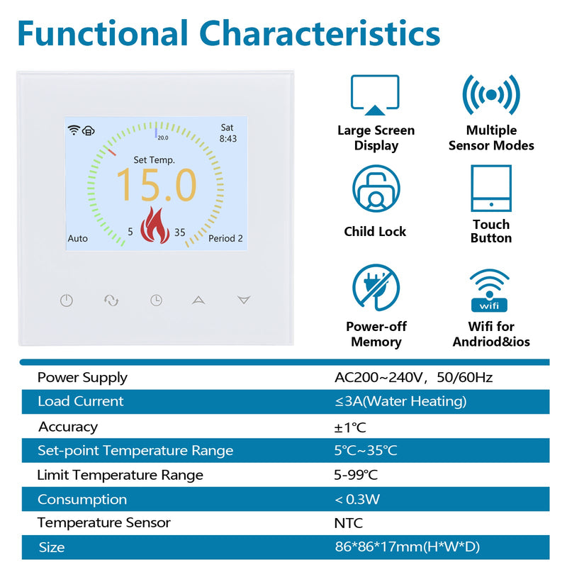 Heschen WiFi Thermostat WG380,AC230V 3A 6 Languages Optional,White