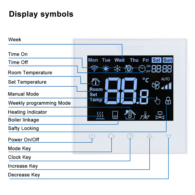 Heschen Room Thermostat WG505, LCD Digital Display, Touch Buttons, Weekly Programming,16A,Suitable for Electric Heating Equipment, with 3m external probe,Black