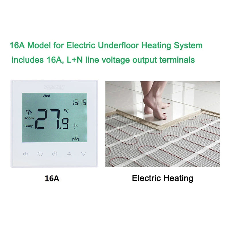 Heschen Room Thermostat WG505, LCD Digital Display, Touch Buttons, Weekly Programming,16A,Suitable for Electric Heating Equipment, with 3m external probe,White