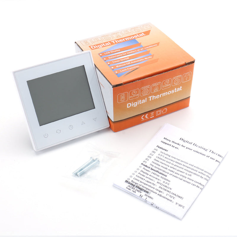 Heschen Room Thermostat WG505, LCD Digital Display, Touch Buttons, Weekly Programming,16A,Suitable for Electric Heating Equipment, with 3m external probe,White