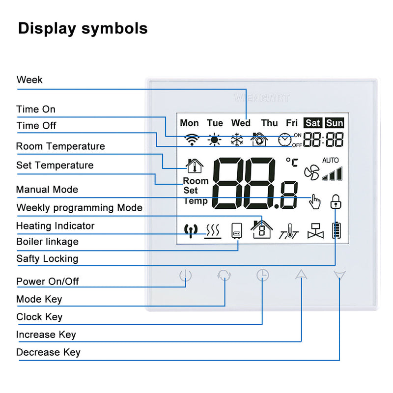 Heschen Room Thermostat WG505, LCD Digital Display, Touch Buttons, Weekly Programming,16A,Suitable for Electric Heating Equipment, with 3m external probe,White