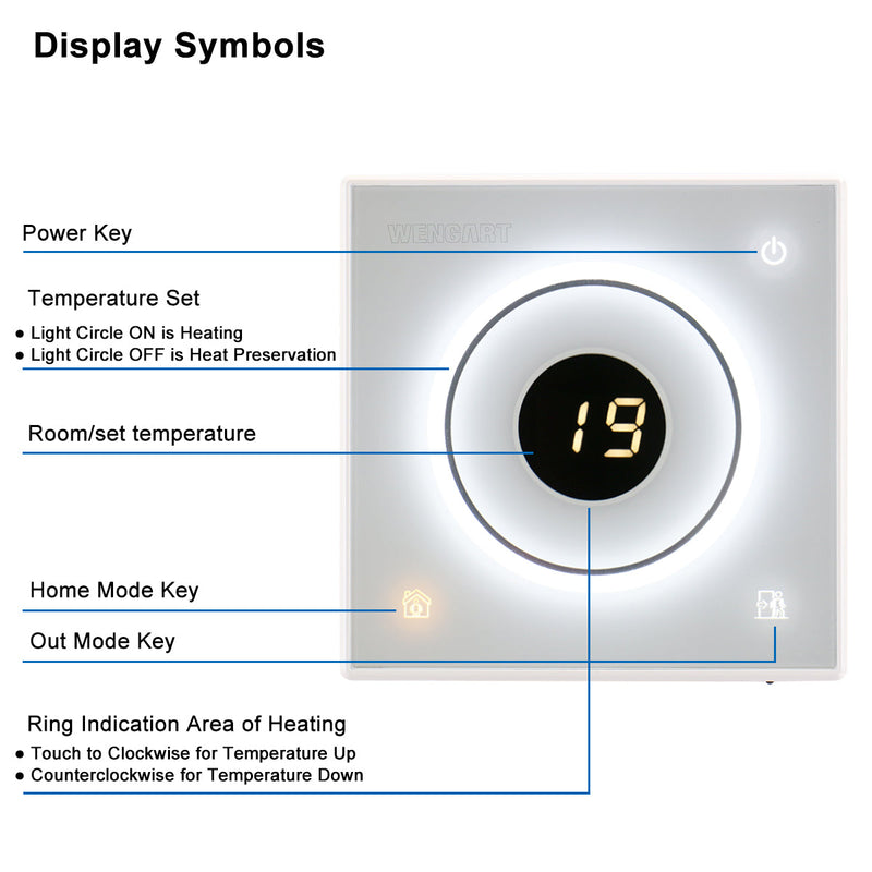 Heschen Room Thermostat WG502, 16A, for Electric Heating Equipment, with 3m external probe, Sliding Temperature Setting, White