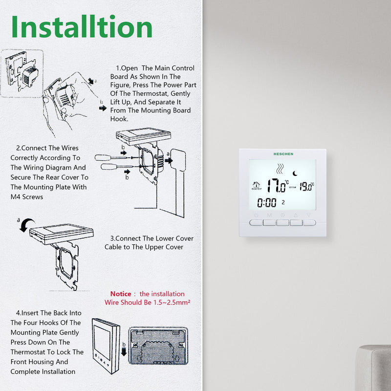 Heschen Heating Thermostat WG02B04,Programmable 3A Radiant Floor Heating