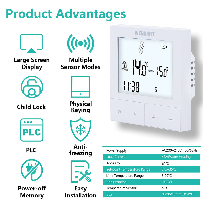 Heschen Tuya Thermostat WG372,AC230V 3A 2,4 GHz WiFi Work for Work for Water Underfloor Heating