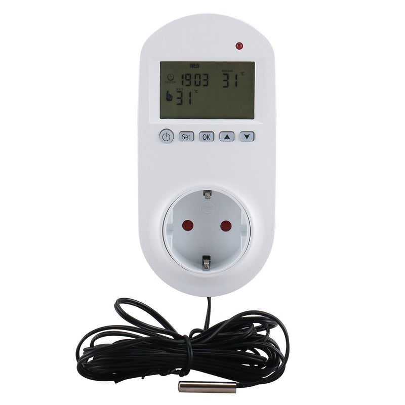 Heschen Plug in Thermostat WG02TPR,7 day programmable,LCD Digital Display,Heating & Cooling Outlet,3600W,external sensor