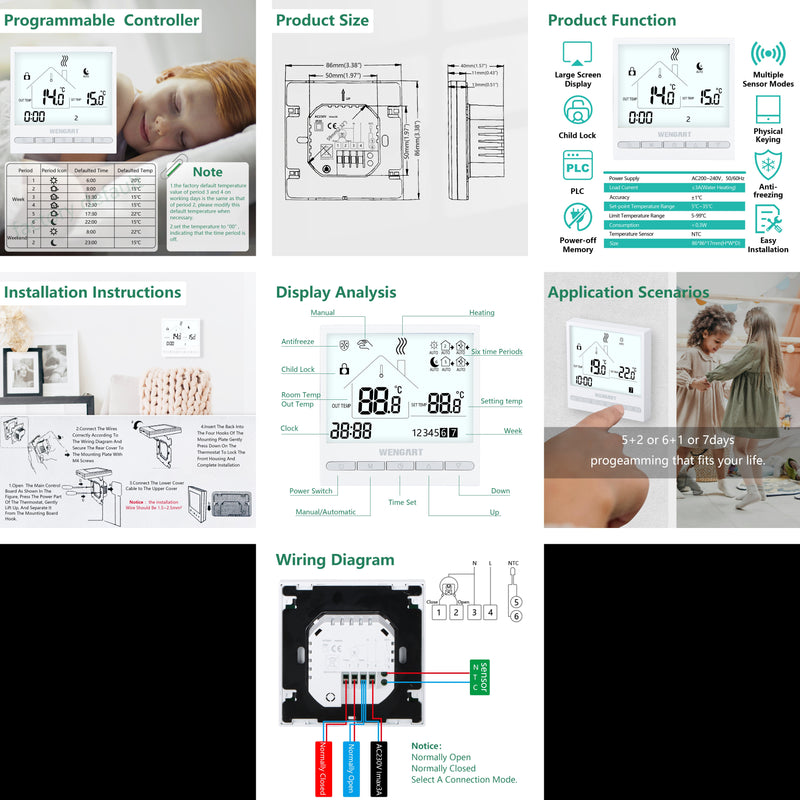 Heschen WiFi Thermostat Underfloor Heating WG376,AC230V 3A 2,4 GHz WiFi Work for Work for Water Underfloor Heating