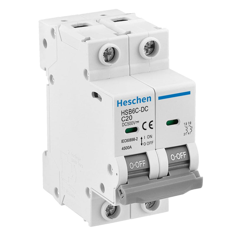 Heschen DC Miniature Circuit Breaker, HSB6C-DC, 2 Poles, DC500V C6A/10A/16A/20A/25A/32A/40A/50A/63A, Photovoltaic Circuit Breaker, for Solar PV System Solar Panels Grid System, 35mm DIN Rail Mounting