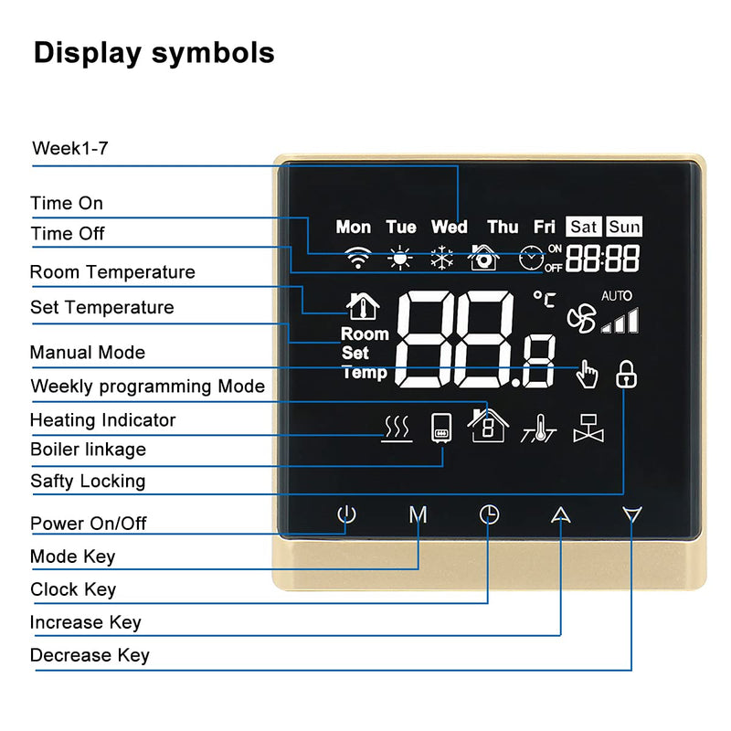 Heschen LCD Digital Programmable Thermostat DK-506 AC110V/AC220V 3Amp/16Amp Work for Under-Floor Temperature Controller Golden
