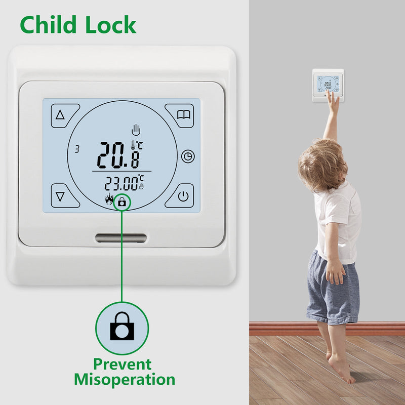 Heschen Room Thermostat WG809, 100Pack LCD Digital Display, Touch Buttons, Weekly Programming,16A,Suitable for Electric Heating Equipment, with 3m external probe,White