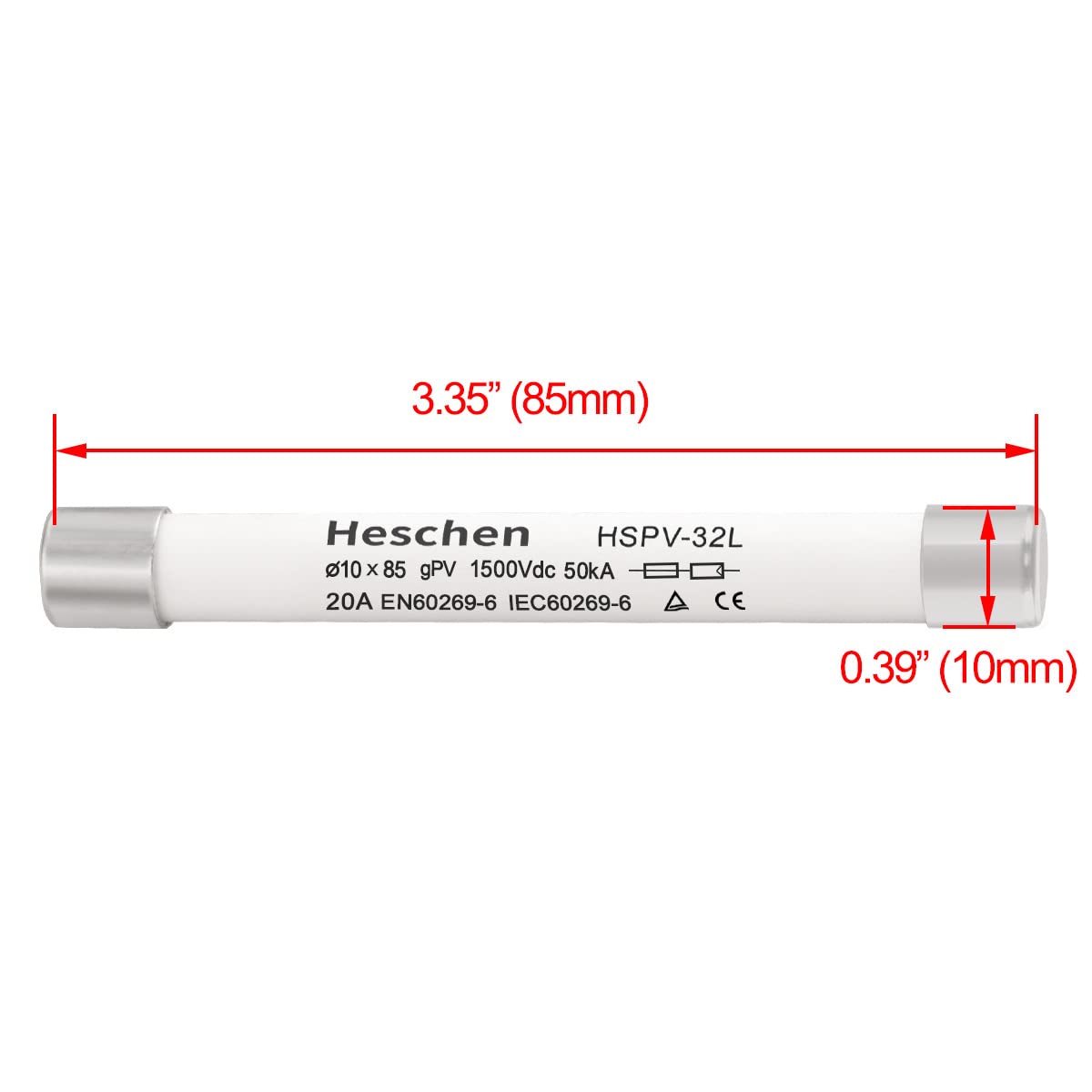 Solar DC1500V PV-Sicherung, Photovoltaik-Sicherungen, gPV-Typ Sicherungseinsatz, HSPV-32L, 10 x 85mm, 1500VDC, I1 50kA, zum Schutz von Solar-PV-Systemen, 5 Stück